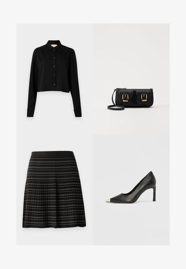 Black cropped shirt with long sleeves, a pointed collar, and button front. Made from smooth fabric with a relaxed fit and cuffed sleeves.; Black pleated skirt with a smooth waistband, featuring subtle contrasting horizontal stripes in silver and white across the fabric.; Black leather high heel shoe with a pointed toe and a metallic silver cap. Features a smooth finish and a slender 10 cm heel.; Black leather crossbody bag with two front pockets, gold buckles, zipper closure, and a slim strap. Textured surface and compact rectangular shape.