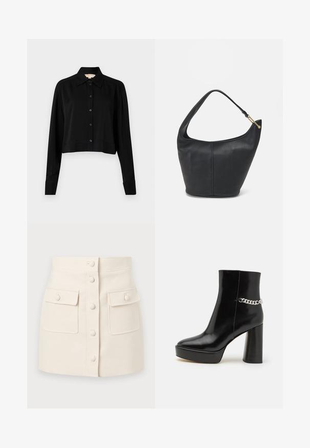 Sort cropped skjorte med lange ærmer, spidse krave og knaplukning foran. Fremstillet af glat stof med en afslappet pasform og manchetærmer.; Cremefarvet denimnederdel med knaplukning fortil, to klaplommer og en tætsiddende silhuet. Glat tekstur, lige kant.; Sorte lakerede ankelstøvler med en kraftig platform og høj blokhæl. Har en sølv kædeaccent på siden. Glat tekstur.; Sort læderhandtaske med en rund form, bred rem og textured finish. Har en subtil sømdetalje og en hardware i gyldent tone.