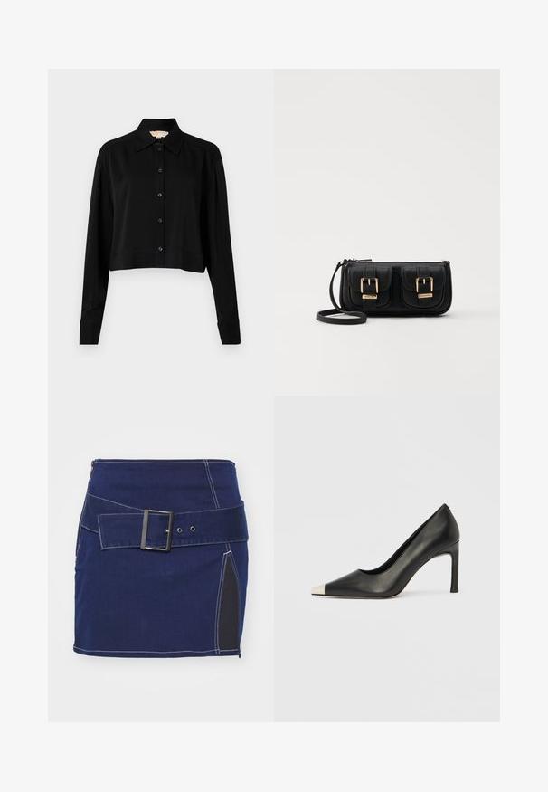 Black cropped shirt with long sleeves, a pointed collar, and button front. Made from smooth fabric with a relaxed fit and cuffed sleeves.; Navy denim skirt with white stitching, featuring a wide belt with a square buckle and a side panel in black fabric.; Black leather high heel shoe with a pointed toe and a metallic silver cap. Features a smooth finish and a slender 10 cm heel.; Black leather crossbody bag with two front pockets, gold buckles, zipper closure, and a slim strap. Textured surface and compact rectangular shape.