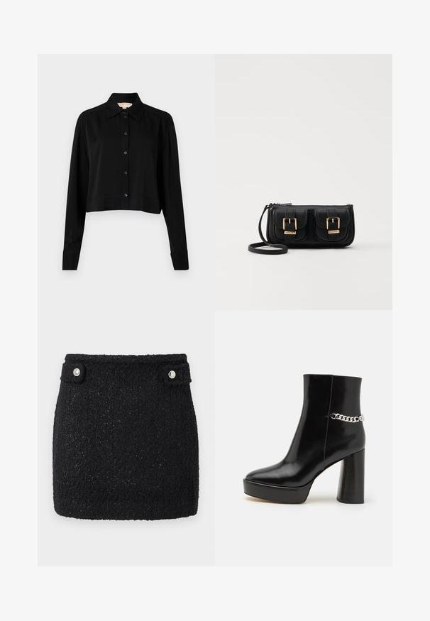 Svart forkortet skjorte med lange ermer, spiss krage og knappelukking foran. Laget av glatt stoff med en avslappet passform og oppbrettede ermer.; Svart mini nederdel lavet af struktureret stof med subtil glans. Har to sølv knaptryk ved taljen til lukning.; Svart lakkert skinnankelstøvel med tykk plattform og høy blokkhel. Har en sølvkjedeakkent på siden. Glatt tekstur.; Svart skinn crossbody veske med to frontlommer, gyldne spenner, glidelåslukking og en slank stropp. Teksturert overflate og kompakt rektangulær form.