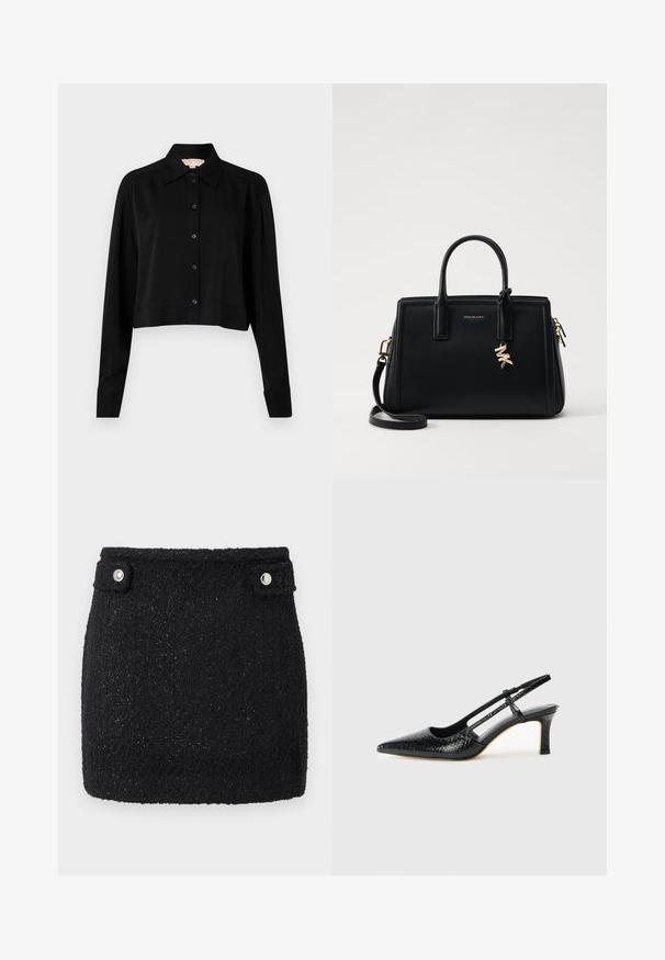 Musta lyhythihainen paita, jossa on pitkät hihat, terävä kaulus ja napitus edessä. Valmistettu sileästä kankaasta, rento istuvuus ja kyynärpäätakkikuhat.; Mustat mini-hameet, jotka on valmistettu tekstuuriltaan kiiltävästä kankaasta. Hameessa on kaksi hopeista nepparia vyötärön alueella kiinnitystä varten.; Musta patent slingback-kiilakorko teräväkärkisellä muotoilulla, jossa on teksturoitu käärmeennahkakuosi, säädettävä remmi ja lyhyt, teksturoitu blokkiheel.; Musta nahkalaukku, jossa on jämäkkä muotoilu, kaksinkertaiset ylätangot, irrotettava olkahihna, kultalevjät ja logokoru koristeena.