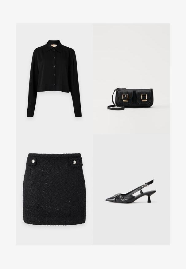 Schwarzes, kurzes Hemd mit langen Ärmeln, einem spitzen Kragen und Knopfverschluss. Hergestellt aus glattem Stoff mit lockerer Passform und geknöpften Ärmeln.; Schwarzer Minirock aus strukturiertem Stoff mit dezentem Schimmer. Verfügt über zwei silberne Druckknöpfe am Bund zur Schließung.; Schwarzer Leder-Slingback-Schuh mit spitz zulaufender Zehenpartie, dekorativen Riemen mit METALLÖSEN und niedrigem Blockabsatz. Strukturelle Oberfläche.; Schwarze Leder-Umhängetasche mit zwei vorderen Taschen, goldenen Schnallen, Reißverschluss und einem schmalen Tragegurt. Texturierte Oberfläche und kompakte rechteckige Form.