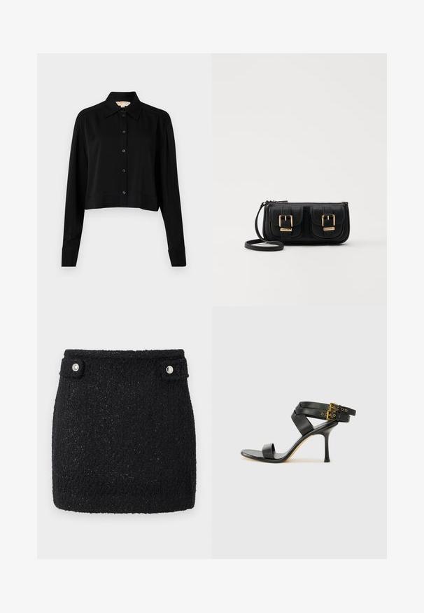 Sort cropped skjorte med lange ærmer, spidse krave og knaplukning foran. Fremstillet af glat stof med en afslappet pasform og manchetærmer.; Sort miniskirt lavet af tekstureret stof med subtil glans. Har to sølvfarvede trykknapper i taljen til lukning.; Sort hæl-sandal med krydsede stropper og justerbar spænde. Har en glat overflade og spids stilettohæl.; Sort læder crossbody taske med to frontlommer, guldspænder, lynlåslukning og en slank rem. Struktureret overflade og kompakt rektangulær form.