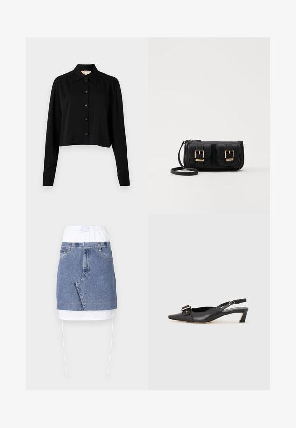 Camicia nera cropped con maniche lunghe, colletto a punta e chiusura con bottoni. Realizzata in tessuto morbido, con vestibilità rilassata e maniche a polsino.; Gonna di jeans con corpo blu, vita perforata bianca e lacci. Presenta tasche frontali e un taglio dritto con orlo grezzo.; Scarpa slingback in pelle nera con punta affusolata, tacco basso e dettaglio decorativo a fibbia sulla parte superiore. Texture liscia, design minimalista.; Borsa a tracolla nera in pelle con due tasche frontali, fibbie dorate, chiusura con zip e una tracolla sottile. Superficie texturizzata e forma rettangolare compatta.