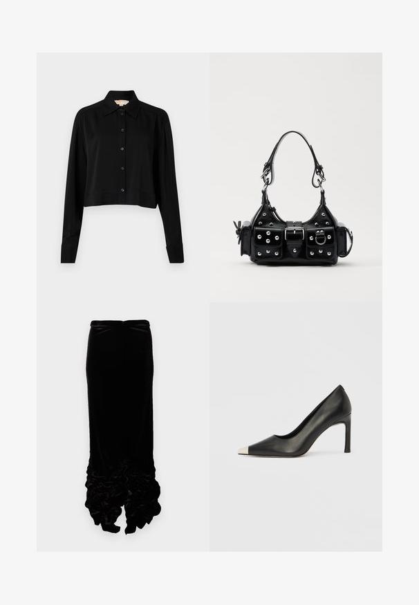 Černá zkrácená košile s dlouhými rukávy, špičatým límcem a předním zapínáním na knoflíky. Vyrobena z hladké látky s volnějším střihem a manžetami.; Černá sametová sukně s přiléhavým střihem. Má volánový lem, který vytváří hloubku a strukturu. Hladká látka s jemným leskem.; Černá kožená lodička na vysokém podpatku s špičatou špičkou a stříbrnou kovovou špičkou. Má hladký povrch a štíhlý 10cm podpatek.; Černá kožená kabelka s křivkovým designem, zdobená stříbrnými hřebíky, s přezkou a dvěma bočními kapsami. Nastavitelný popruh pro různé možnosti nošení.