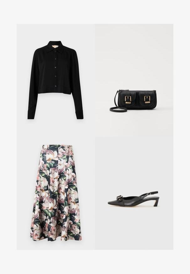 Fekete, rövid fazonú ing hosszú ujjakkal, hegyes gallérral és gombos elejével. Simító anyagból készült, laza szabású és megkötött ujjaival.; Virágmintás midi szoknya, fekete háttérrel, nagy, színes pünkösdi rózsákkal. Redőzött kialakítás és sima textúrájú szegély.; Fekete bőr szandál kis sarkú, hegyes orral, díszes csattal a felsőrészen. Simább textúra, minimalista design.; Fekete bőr keresztbody táska két elülső zsebbel, arany csattokkal, cipzáras záródással és vékony pánttal. Textúrált felület és kompakt téglalap alak.