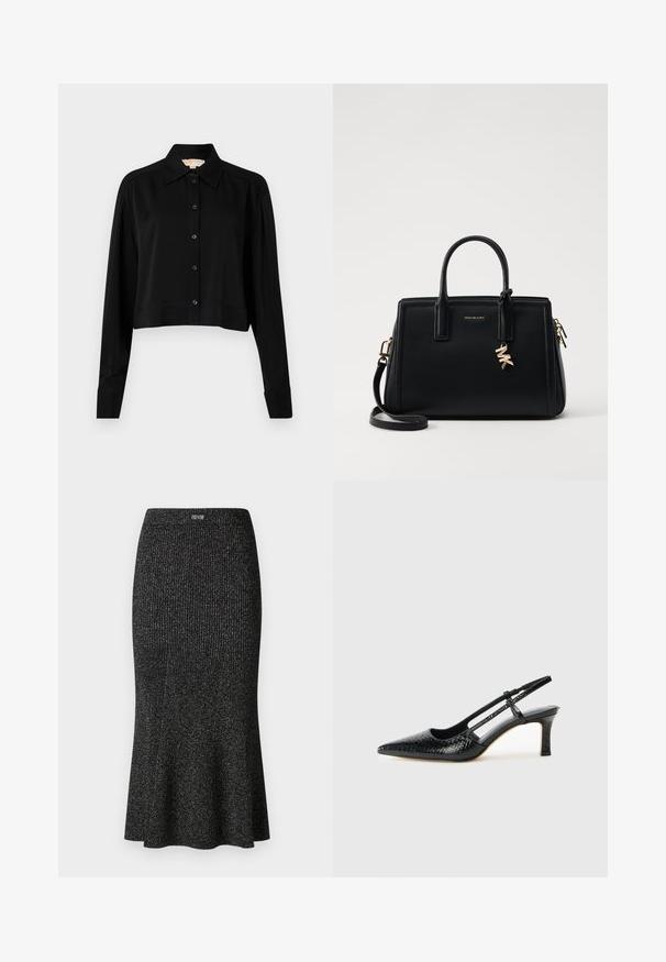 Fekete, rövid fazonú ing hosszú ujjakkal, hegyes gallérral és gombos elejével. Simító anyagból készült, laza szabású és megkötött ujjaival.; Fekete, bordázott midi szoknya rugalmas anyagból, felső része enyhén bővülő szegéllyel, diszkrét fényével, rugalmas derékpánttal, a tetején logóval.; Fekete lakk slingback sarok, hegyes orral, texturált kígyómintával, állítható pánttal és rövid, texturált tömbsarkal.; Fekete bőr kézitáska strukturált dizájnnal, dupla felső fogantyúkkal, levehető vállpánttal, arany színű fémrészletekkel és logómedál díszítéssel.