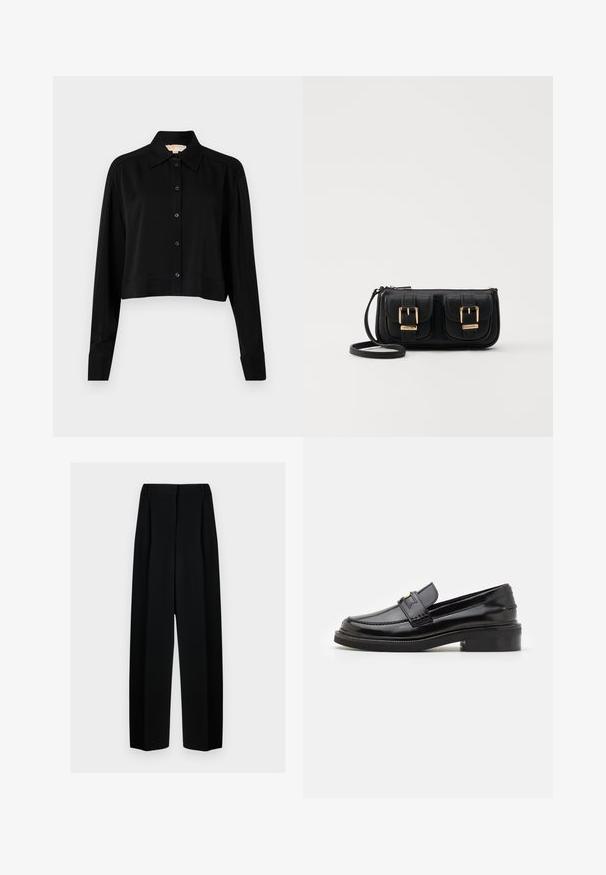 Chemise noire courte à manches longues, col pointu et fermeture par boutons. Fabriquée en tissu lisse avec une coupe décontractée et des manches à poignets.; Pantalons noirs à jambes larges avec une taille haute, présentant des plis et une texture lisse. Le tissu semble léger et tombe élégamment.; Mocassin en cuir verni noir avec une finition lisse, des détails cousus à l'avant et un petit talon carré pour le soutien. Accent doré sur la sangle.; Sac en cuir noir porté en travers avec deux poches avant, boucles dorées, fermeture zippée et une sangle fine. Surface texturée et forme rectangulaire compacte.