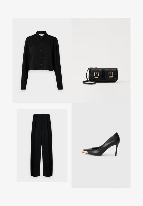 Svart forkortet skjorte med lange ermer, spiss krage og knappelukking foran. Laget av glatt stoff med en avslappet passform og oppbrettede ermer.; Svart vide bukser med høy livhøyde, med folder og en glatt tekstur. Stoffet virker lett og faller elegant.; Sorte lær høye hæler med spiss tå; har en metallisk gulldetalj på tåhetten. Glatt overflate med et elegant design.; Svart skinn crossbody veske med to frontlommer, gyldne spenner, glidelåslukking og en slank stropp. Teksturert overflate og kompakt rektangulær form.