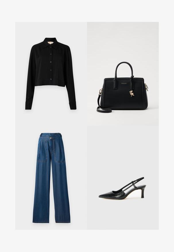 Juodas trumpas marškinėliai su ilgomis rankovėmis, smailiu apykakle ir mygtukų priekyje. Pagamintas iš lygaus audinio su laisvu siluetu ir apverčiamos rankovėmis.; Tamsiai mėlynos plačios kojos džinsai, pagaminti iš džinsinio audinio, turi dvi priekines kišenes, sagų uždarymą ir kontrastingus oranžinius siuvimo akcentus.; Juodai lakuoti slingback aukštakulniai su smailiu nosiu, su tekstūruotu gyvatės raštu, reguliuojama juosta ir trumpu, tekstūruotu blokiniu kulnu.; Juodas odinis rankinė su struktūrizuotu dizainu, dviem viršutinėmis rankenėlėmis, nuimamu petiniu dirželiu, auksiniais akcentais ir logotipo pakabuku.