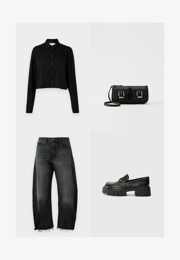 Schwarzes, kurzes Hemd mit langen Ärmeln, einem spitzen Kragen und Knopfverschluss. Hergestellt aus glattem Stoff mit lockerer Passform und geknöpften Ärmeln.; Schwarze Jeans aus Denim mit weit geschnittenem Design, fransigem Saum, fünf Taschen und dezentem Verblassen; aus robustem Baumwollmaterial gefertigt.; Schwarze Lederloafers mit einer klobigen Sohle, die an der Vorderseite ein goldfarbenes Akzent und eine glatte Oberfläche aufweisen. Klobiges Profil-Design auf der Sohle.; Schwarze Leder-Umhängetasche mit zwei vorderen Taschen, goldenen Schnallen, Reißverschluss und einem schmalen Tragegurt. Texturierte Oberfläche und kompakte rechteckige Form.