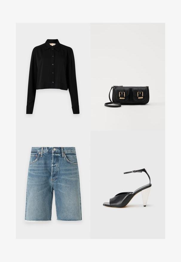 Svart forkortet skjorte med lange ermer, spiss krage og knappelukking foran. Laget av glatt stoff med en avslappet passform og oppbrettede ermer.; Lyseblå denimshorts med frynset kant, fem-lomme-design, frontlukking med knapp og synlige sømdetaljer.; Svart lær høyhælte sandaler med åpen tå, asymmetrisk design, ankelstropp og en metallisk kjegleformet hæl. Glatt tekstur hele veien.; Svart skinn crossbody veske med to frontlommer, gyldne spenner, glidelåslukking og en slank stropp. Teksturert overflate og kompakt rektangulær form.