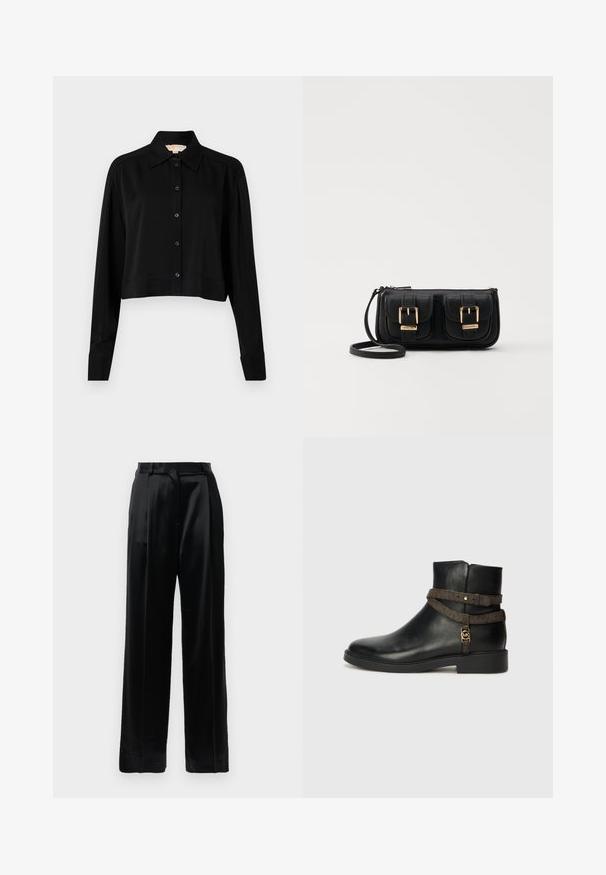 Čierna skrátená košeľa s dlhými rukávmi, špicatým golierom a zapínaním na gombíky. Vyrobená z hladkej látky s voľným strihom a manžetovými rukávmi.; Čierne saténové nohavice s vysokým pásom a širokými nohavicami, s pútkami na opasok a s plochým uzatváraním na bielom pozadí.; Čierna kožená ankle boot s plochou podrážkou, ktorá je ozdobená hnedým vzorovaným pásikom a zlatými detailami. Hladká textúra.; Čierna kožená crossbody taška s dvoma prednými vreckami, zlatými sponami, zipsovým uzatváraním a úzkym popruhom. Štruktúrovaný povrch a kompaktný obdĺžnikový tvar.