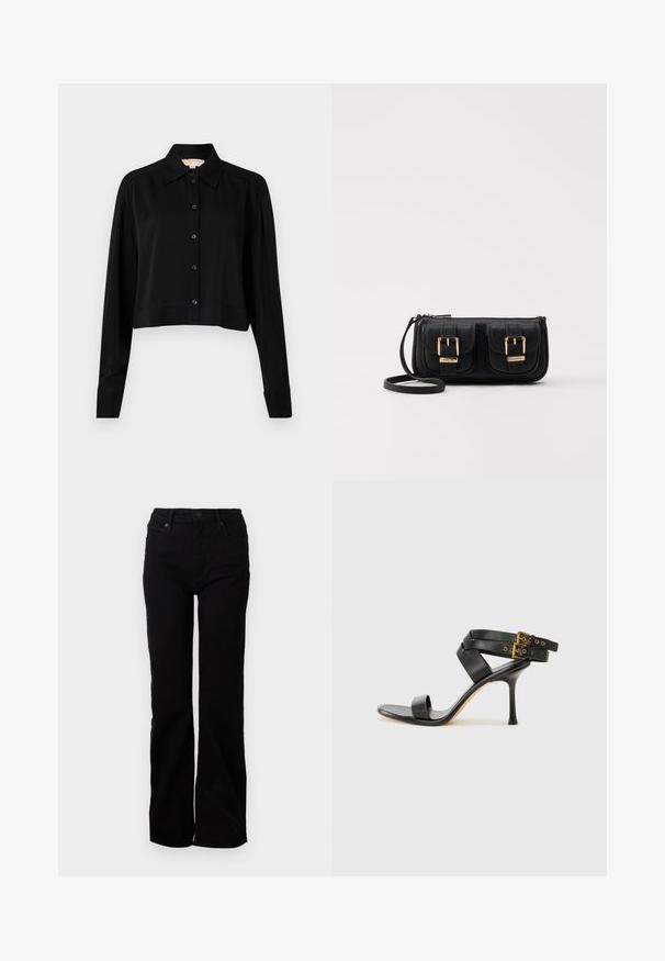 Black cropped shirt with long sleeves, a pointed collar, and button front. Made from smooth fabric with a relaxed fit and cuffed sleeves.; Black denim jeans with a straight leg design, five-pocket styling, front button closure, and subtle texture. No visible patterns or accents.; Black heeled sandal with crossed straps and adjustable buckle. Features a smooth texture and tapered stiletto heel.; Black leather crossbody bag with two front pockets, gold buckles, zipper closure, and a slim strap. Textured surface and compact rectangular shape.