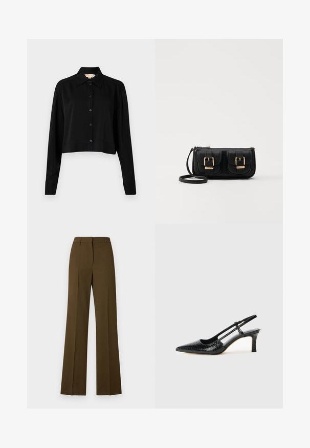 Crna skraćena košulja s dugim rukavima, uspravnim kragnom i dugmadi sprijeda. Izrađena od glatkog materijala s opuštenim krojem i manžetama.; Tamne smeđe široke hlače s krojem, koje imaju ravnu prednju stranu, linije pregiba i glatku teksturu.; Crne lakirane slingback pete s oštrim vrhom, s teksturiranim uzorkom zmijske kože, podesivom remenom i kratkom, teksturiranom blok-petom.; Crna kožna torba preko ramena s dva prednja džepa, zlatnim kopčama, zatvaranjem na zip i uskim remenom. Teksturirana površina i kompaktan pravokutan oblik.