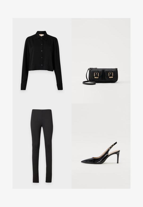 Zwarte cropped shirt met lange mouwen, een spitse kraag en een knoopsluiting aan de voorkant. Gemaakt van soepele stof met een ontspannen pasvorm en manchet-mouwen.; Zwarte legging gemaakt van rekbaar materiaal, met een aangesloten ontwerp en strakke lijnen zonder zakken of versieringen.; Zwarte gepatineerde leren slingback pump met een puntige neus, slanke hak en een subtiel uitgesneden ontwerp. Bevat een gouden gesp op de band.; Zwarte leren schoudertas met twee vo pockets, gouden gespen, ritsluiting en een smalle band. Tekstuur oppervlak en compacte rechthoekige vorm.