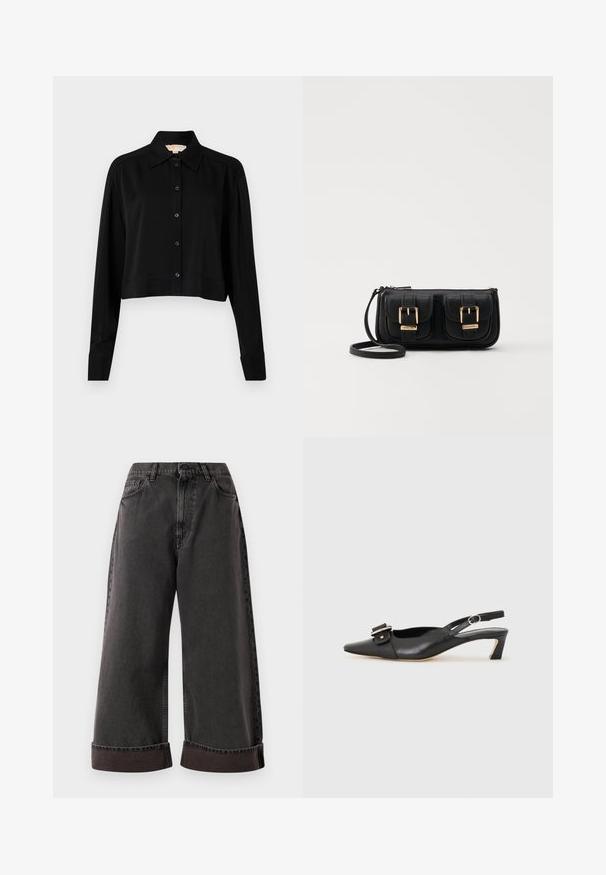 Čierna skrátená košeľa s dlhými rukávmi, špicatým golierom a zapínaním na gombíky. Vyrobená z hladkej látky s voľným strihom a manžetovými rukávmi.; Čierne široké džínsy s vyhrnutými manžetami, predným zapínaním na gombík a zips, a bočnými a prednými vreckami.; Čierne kožené sandále s úzkym prstom, malým opätkom a dekoratívnou sponou na vrchnej časti. Hladká textúra, minimalistický dizajn.; Čierna kožená crossbody taška s dvoma prednými vreckami, zlatými sponami, zipsovým uzatváraním a úzkym popruhom. Štruktúrovaný povrch a kompaktný obdĺžnikový tvar.