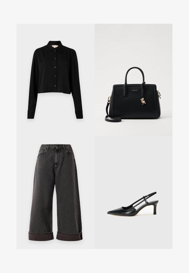 Cămașă neagră scurtă cu mâneci lungi, guler ascuțit și închidere cu nasturi. Fabricată dintr-un material neted, cu o croială lejeră și mâneci cu manșete.; Jeans negre cu picioare largi, cu manșete răsucite, închidere cu buton și fermoar în față, și buzunare laterale și frontale.; Pantofi cu toc slingback negri din patent, cu vârf ascuțit, cu imprimeu de șarpe texturat, curea ajustabilă și toc scurt texturat.; Geantă de mână din piele neagră cu un design structurat, mânere superioare duble, curea de umăr detasabilă, accesorii din aur și un pandantiv cu logo.