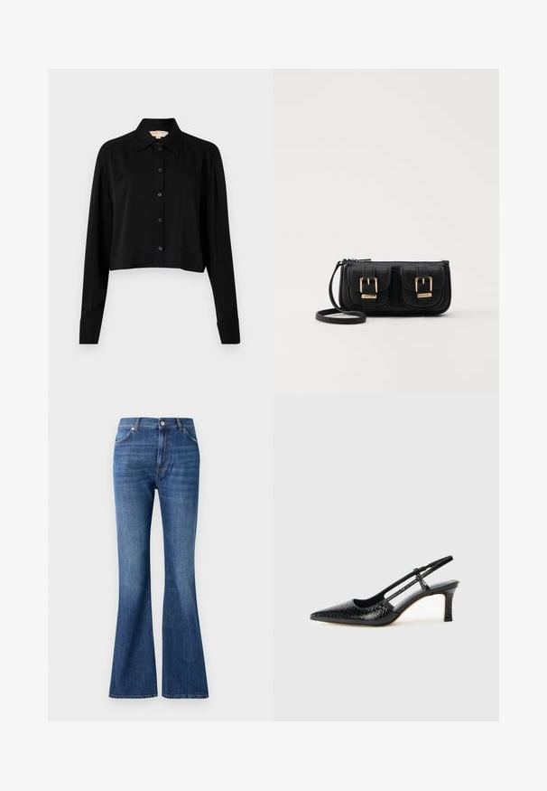 Must must shirt, mille pikkade varrukatega, terava kraega ja nööpidega esiosas. Valmistatud siledast kangast, millel on mugav lõige ja mansetiga varrukad.; Sinised flared teksad, mis on valmistatud denimist, sisaldavad kõrget talje, viit taskut ja õrna kulumise mustrit õmbluste lähedal.; Mustmust paelad, millel on terav varvas, tekstuuriga maduprindiga, reguleeritav rihm ja lühike tekstuuriga plokknina.; Must küllastamata nahast õlakott, millel on kaks esist nähtavat taskut, kuldsed pandlad, tõmblukuga sulgemine ja peen rihm. Tekstuuriga pind ja kompaktne ristkülikukujuline kuju.