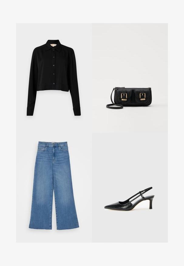 Musta lyhythihainen paita, jossa on pitkät hihat, terävä kaulus ja napitus edessä. Valmistettu sileästä kankaasta, rento istuvuus ja kyynärpäätakkikuhat.; FRAME PALAZZO RAW FRAY - Leveälahkeiset - clearwater; Musta patent slingback-kiilakorko teräväkärkisellä muotoilulla, jossa on teksturoitu käärmeennahkakuosi, säädettävä remmi ja lyhyt, teksturoitu blokkiheel.; Musta nahkainen olkalaukku, jossa on kaksi etutaskua, kultaiset soljet, vetoketjukiinnitys ja kapea hihna. Teksturoidun pinnan ja kompaktin suorakaiteen muoto.