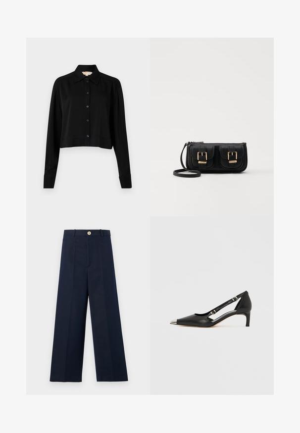 Must must shirt, mille pikkade varrukatega, terava kraega ja nööpidega esiosas. Valmistatud siledast kangast, millel on mugav lõige ja mansetiga varrukad.; Tumed laiad püksid sirge lõikega, kerge kangaga, kullatud nupp vööl ja selged eesplekid struktuuri jaoks.; Mustast nahast kassikontsaga king, millel on terava kujuga hõbedane nina ja topeltsõlmedega rihmad, valgel taustal.; Must küllastamata nahast õlakott, millel on kaks esist nähtavat taskut, kuldsed pandlad, tõmblukuga sulgemine ja peen rihm. Tekstuuriga pind ja kompaktne ristkülikukujuline kuju.