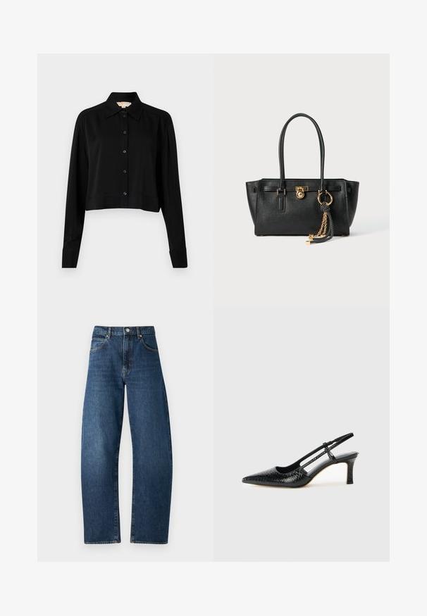 Schwarzes, kurzes Hemd mit langen Ärmeln, einem spitzen Kragen und Knopfverschluss. Hergestellt aus glattem Stoff mit lockerer Passform und geknöpften Ärmeln.; Blaue Jeans aus Denim mit hoher Taille, geradem Beinverlauf, sichtbaren Nähten, fünf Taschen und einem Knopfverschluss. Klassischer dunkler Waschlook.; Schwarze Lack-Slingback-Pumps mit spitzem Zehenbereich, versehen mit strukturiertem Schlangenprint, verstellbarem Riemen und einem kurzen, strukturierten Blockabsatz.; Schwarze Lederhandtasche mit doppelten Griffen, goldfarbener Verschluss- und Kettendetails sowie einem schwarz-weißen Quastenaccessoire vor weißem Hintergrund.