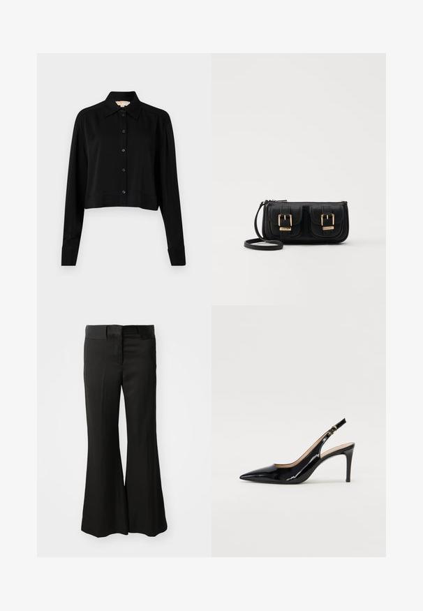 Camicia nera cropped con maniche lunghe, colletto a punta e chiusura con bottoni. Realizzata in tessuto morbido, con vestibilità rilassata e maniche a polsino.; Pantaloni neri a palazzo realizzati in un materiale liscio, con una vita media e un design semplice e sartoriale privo di abbellimenti visibili.; Pumps slingback in pelle verniciata nera con punta affilata, tacco sottile e un design con ritagli delicati. Caratterizzate da una fibbia dorata sul cinturino.; Borsa a tracolla nera in pelle con due tasche frontali, fibbie dorate, chiusura con zip e una tracolla sottile. Superficie texturizzata e forma rettangolare compatta.