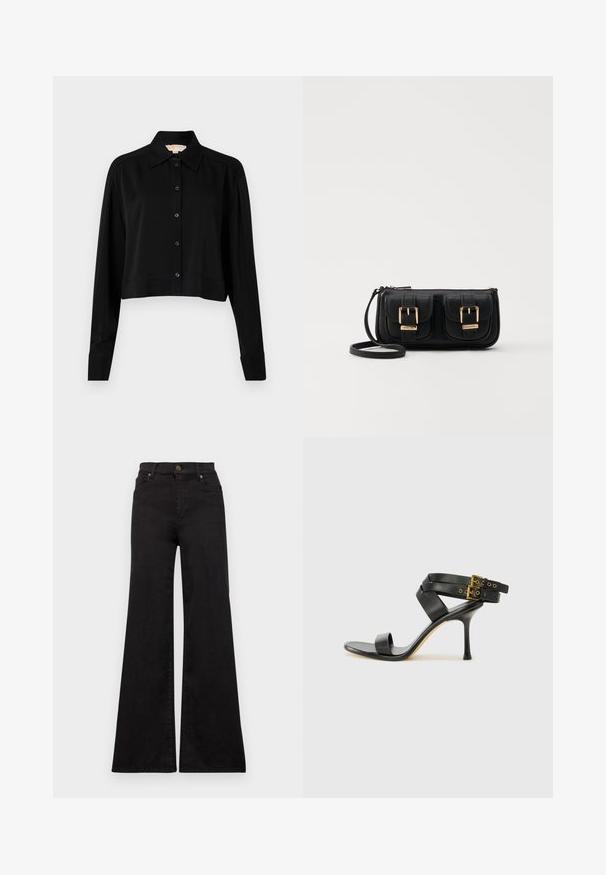 Fekete, rövid fazonú ing hosszú ujjakkal, hegyes gallérral és gombos elejével. Simító anyagból készült, laza szabású és megkötött ujjaival.; Fekete, bővülő fazonú farmernadrág magas derekú, elülső zsebekkel és fém díszítéssel a gombon és a szegecseken.; Fekete magassarkú szandál keresztpántos dizájnnal és állítható csattal. Simább felülettel és hegyes tűsarkúval rendelkezik.; Fekete bőr keresztbody táska két elülső zsebbel, arany csattokkal, cipzáras záródással és vékony pánttal. Textúrált felület és kompakt téglalap alak.