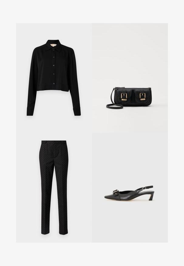 Zwarte cropped shirt met lange mouwen, een spitse kraag en een knoopsluiting aan de voorkant. Gemaakt van soepele stof met een ontspannen pasvorm en manchet-mouwen.; Zwarte broek met witte stippen, tailored fit, twee voorkanten zakken, platte voorkant en rechte pijpen. De stof lijkt soepel en gestructureerd.; Zwarte leren slingback schoen met scherpe neus, kleine hak en decoratieve gespdetails op de bovenkant. Stijlvolle textuur, minimalistisch ontwerp.; Zwarte leren schoudertas met twee vo pockets, gouden gespen, ritsluiting en een smalle band. Tekstuur oppervlak en compacte rechthoekige vorm.