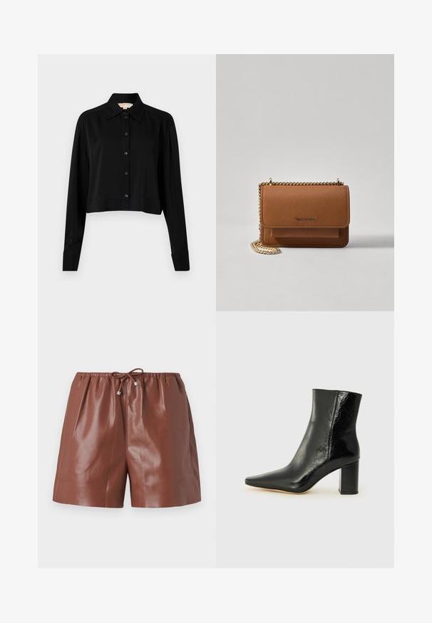 Černá zkrácená košile s dlouhými rukávy, špičatým límcem a předním zapínáním na knoflíky. Vyrobena z hladké látky s volnějším střihem a manžetami.; Hnědé kožené šortky s lesklým povrchem, které mají elastický pas a nastavitelné šňůrky s kovovými akcenty. Hladká textura a přizpůsobený design.; Černé kotníkové boty z lesklé kůže s špičatou špičkou a masivním, čtvercovým podpatkem. Vyznačují se hladkou texturou a minimalistickým designem.; Hnědá texturovaná kožená kabelka přes rameno se zlatým řetízkovým popruhem a klopnovým uzavíráním. Přední strana obsahuje detail loga a kapsu pod klopou.