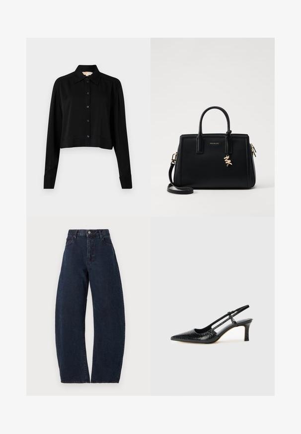 Chemise noire courte à manches longues, col pointu et fermeture par boutons. Fabriquée en tissu lisse avec une coupe décontractée et des manches à poignets.; Jeans taille haute à jambe large en denim bleu foncé. Présentent une fermeture à bouton, cinq poches et une texture subtile. Pas de motifs ou d'accents visibles.; Escarpin slingback en vernis noir avec un bout pointu, présentant un imprimé serpent texturé, une sangle réglable et un petit talon bloc texturé.; Sac à main en cuir noir avec un design structuré, deux poignées supérieures, une bandoulière amovible, des accessoires en or et un pendentif avec le logo.