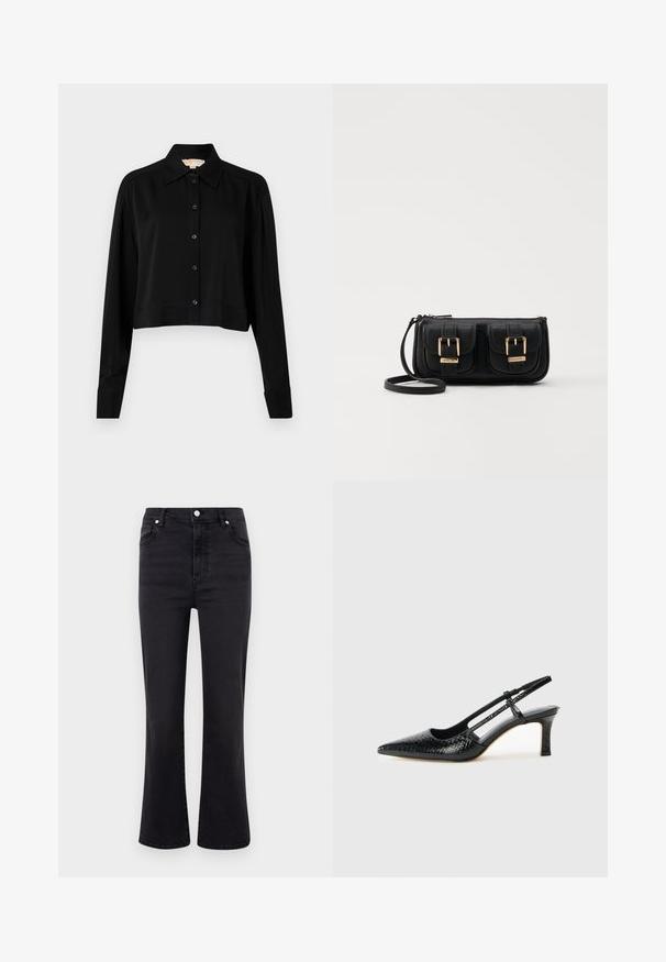 Musta lyhythihainen paita, jossa on pitkät hihat, terävä kaulus ja napitus edessä. Valmistettu sileästä kankaasta, rento istuvuus ja kyynärpäätakkikuhat.; Mustat leveälahkeiset farkut korkealla vyötäröllä, valmistettu denimistä. Ominaisuuksiin kuuluvat etutaskut, napitus ja sileä pinta.; Musta patent slingback-kiilakorko teräväkärkisellä muotoilulla, jossa on teksturoitu käärmeennahkakuosi, säädettävä remmi ja lyhyt, teksturoitu blokkiheel.; Musta nahkainen olkalaukku, jossa on kaksi etutaskua, kultaiset soljet, vetoketjukiinnitys ja kapea hihna. Teksturoidun pinnan ja kompaktin suorakaiteen muoto.