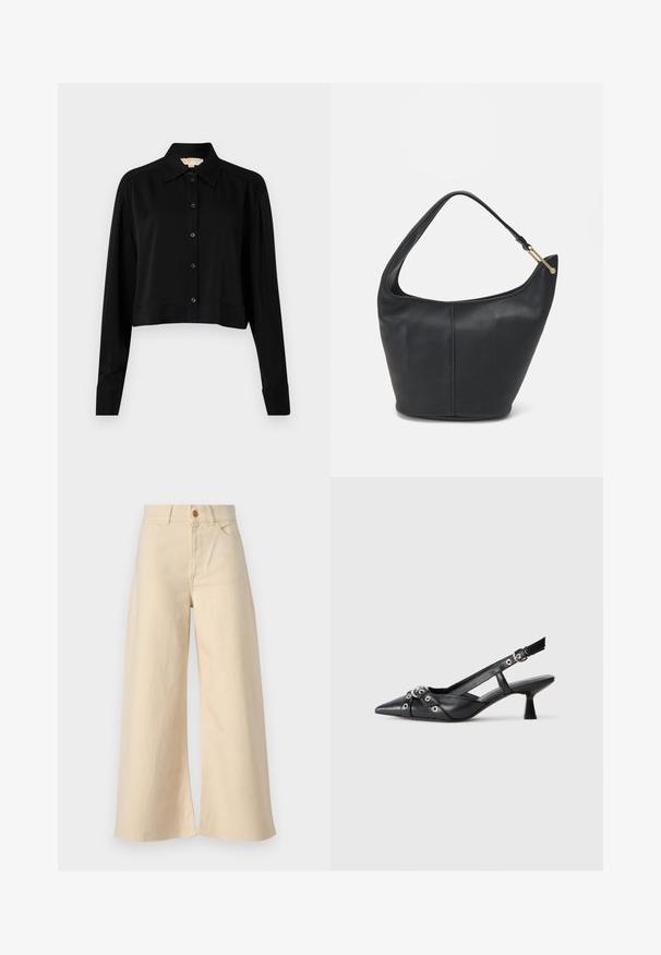 Musta lyhythihainen paita, jossa on pitkät hihat, terävä kaulus ja napitus edessä. Valmistettu sileästä kankaasta, rento istuvuus ja kyynärpäätakkikuhat.; Beige levelejeans lavet af denim, med høj talje, forlommer, knaplukning og frynset kantdetalje.; Mustat nahkakengät, joissa on avonainen takaosa ja kärjessä terävä muoto, koristevyöt, joissa on metalliset reiät, sekä matala lohkoepohja. Teksturoitu pinta.; Mustan nahkainen käsilaukku, jossa on pyöreä muoto, leveä olkahihna ja teksturoitu pinta. Sisältää hienovaraisia saumaräätelyjä ja kultasävytteisen varusteen.