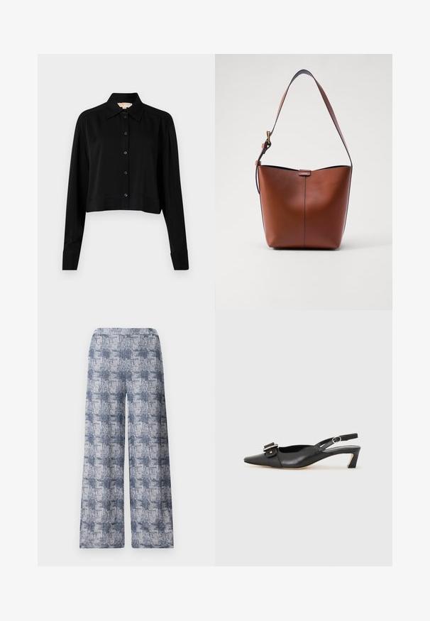 Musta lyhythihainen paita, jossa on pitkät hihat, terävä kaulus ja napitus edessä. Valmistettu sileästä kankaasta, rento istuvuus ja kyynärpäätakkikuhat.; Housut leveillä lahkeilla, joissa on sinivalkoinen abstrakti kuvio, pehmeä kangas ja joustava vyötärö, joka tarjoaa mukavuutta ja helppokäyttöisyyttä.; Musta nahkainen slingback-kengät terävällä kärjellä, pienellä korolla ja koristeellisella solkikuvioinnilla yläosassa. Sujuva pinta, minimalistinen muotoilu.; Kahvinahkainen olkalaukku, jossa on kaareva muoto, sileä pinta ja yksi ohut hihna. Sisältää hienovaraisen sauman ja pienen logotarkin.