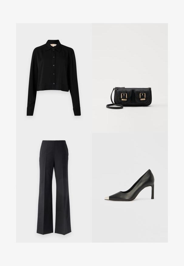 Juodas trumpas marškinėliai su ilgomis rankovėmis, smailiu apykakle ir mygtukų priekyje. Pagamintas iš lygaus audinio su laisvu siluetu ir apverčiamos rankovėmis.; Juodi pritaikyti kelniai su išplatintu pėdkelnių dizainu, turintys vertikalius raukinukus ir lygią tekstūrą. Nėra matomų detalių ar akcentų.; Juodas odinis aukštakulnis batelis su smailia nosimi ir metaliniu sidabriniu galiuku. Turi lygų paviršių ir ploną 10 cm kulną.; Juodas odinis per petį nešiojamas krepšys su dviem priekiniais kišenėmis, auksiniais sagtimis, užtrauktuko uždarymu ir siauromis petnešomis. Textūruota paviršius ir kompaktiškas stačiakampis formatas.