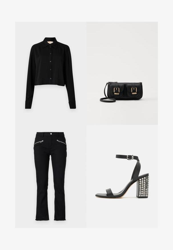 Melnas īsās piedurknes krekls ar garām piedurknēm, smailu apkakli un pogu aizdari. Izgatavots no gludas auduma ar brīvu piegriezumu un piedurkņu apakšām.; Melnas džinsu bikses ar slim fit piegriezumu, divām ar rāvējslēdzējiem aprīkotām priekšējām kabatām un saplēstām apakšmalām. Izgatavotas no kokvilnas maisījuma materiāla.; Melnas ādas augstpapēžu sandales ar potītes siksniņu. Ievērojama kvadrāta formas purngala, gluda tekstūra un kvadrātveida bloka papēdis, kas rotāts ar sudraba kniedēm.; Melnas ādas crossbody soma ar divām priekšējām kabatām, zelta sprādzēm, ar rāvējslēdzēju aizdari un šauru siksnu. Strukturēta virsma un kompakta taisnstūra forma.