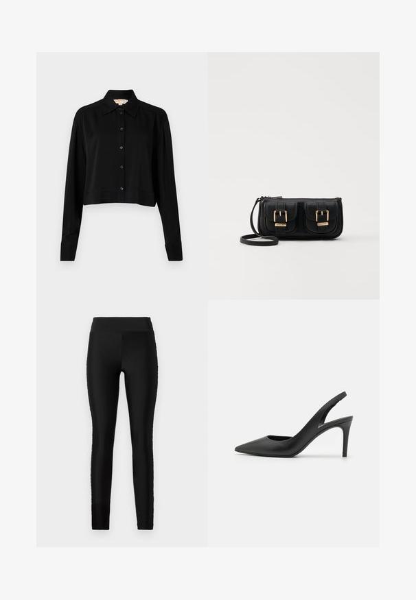 Svart forkortet skjorte med lange ermer, spiss krage og knappelukking foran. Laget av glatt stoff med en avslappet passform og oppbrettede ermer.; Sorte leggings laget av et glatt, elastisk stoff, høy midje og en tettsittende design. Har ingen synlige mønstre eller aksenter.; Sorte skinnslingback hæler med spiss tå-design, som har et utsnitt foran og en tynn stilettohæl.; Svart skinn crossbody veske med to frontlommer, gyldne spenner, glidelåslukking og en slank stropp. Teksturert overflate og kompakt rektangulær form.