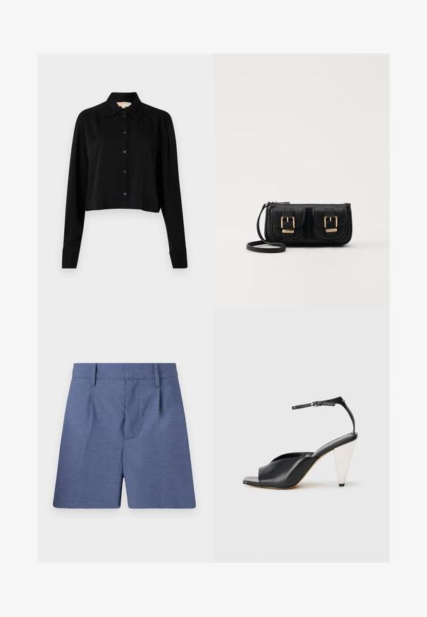 Svart forkortet skjorte med lange ermer, spiss krage og knappelukking foran. Laget av glatt stoff med en avslappet passform og oppbrettede ermer.; Blå skreddersydde shorts med beltehemper, frontfolder og en skjult lukking foran, vist mot en hvit bakgrunn.; Svart lær høyhælte sandaler med åpen tå, asymmetrisk design, ankelstropp og en metallisk kjegleformet hæl. Glatt tekstur hele veien.; Svart skinn crossbody veske med to frontlommer, gyldne spenner, glidelåslukking og en slank stropp. Teksturert overflate og kompakt rektangulær form.