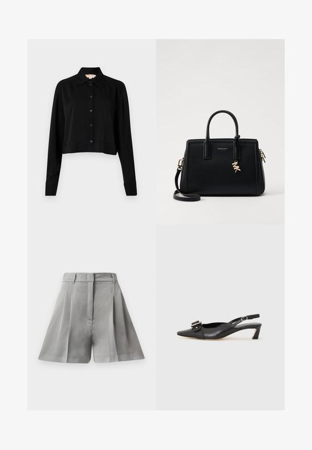 Svart forkortet skjorte med lange ermer, spiss krage og knappelukking foran. Laget av glatt stoff med en avslappet passform og oppbrettede ermer.; Grå plissert shorts laget av glatt stoff, med høy midje, frontlommer og skreddersydd design med rene linjer.; Svarte skinn slingback-sko med spiss tå, liten hæl og dekorativ spenne-detalj på overdelen. Glatt tekstur, minimalistisk design.; Svart skinnhåndveske med strukturert design, doble topphåndtak, avtakbar skulderrem, gullfarget hardware og en logo-detalj.