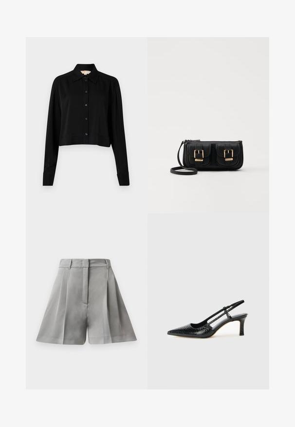 Čierna skrátená košeľa s dlhými rukávmi, špicatým golierom a zapínaním na gombíky. Vyrobená z hladkej látky s voľným strihom a manžetovými rukávmi.; Sivé plisované kraťasy vyrobené z hladkej látky, s vysokým pásom, prednými vreckami a strihom s čistými líniami.; Čierne patentové slingback topánky na ihlovom podpätku s špicatou špičkou, s textúrovaným hadím vzorom, nastaviteľným popruhom a krátkym, textúrovaným blokovým podpätkom.; Čierna kožená crossbody taška s dvoma prednými vreckami, zlatými sponami, zipsovým uzatváraním a úzkym popruhom. Štruktúrovaný povrch a kompaktný obdĺžnikový tvar.