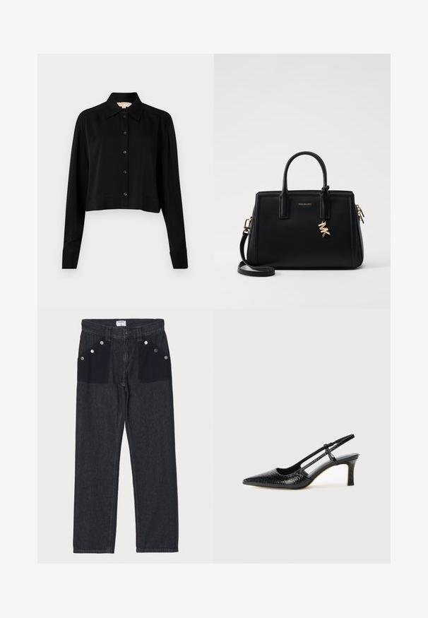 Melnas īsās piedurknes krekls ar garām piedurknēm, smailu apkakli un pogu aizdari. Izgatavots no gludas auduma ar brīvu piegriezumu un piedurkņu apakšām.; Filippa K CONTRAST POCKET STRAIGHT - Džinsi ar taisnām starām - black; Melna patent āda ar slīdošo papēdi un smailo purngalu, ar teksturētu čūsku drukājumu, regulējamu siksniņu un īsu teksturētu blokpapēdi.; Melnas ādas rokas soma ar strukturētu dizainu, dubultiem augšējiem rokturiem, noņemamu plecu siksnu, zelta aparatūru un logo piekariņu akcentu.