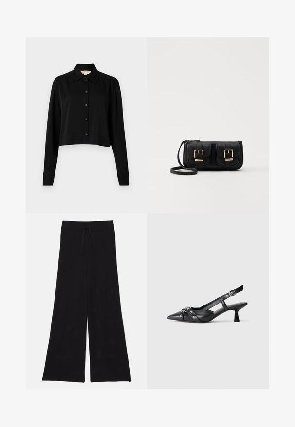 Must must shirt, mille pikkade varrukatega, terava kraega ja nööpidega esiosas. Valmistatud siledast kangast, millel on mugav lõige ja mansetiga varrukad.; Mustad, laiad jaotustaskudega püksid, mis on valmistatud võrgukangast ja millel on paelaga vöökoht. Tekstuur on hingav ja kerge, sobides igapäevaseks kandmiseks.; Must must have must toote tõmblukuga, dekoratiivsed rihmad metallist silmadega ja madal blokk-kand. Tekstureeritud pind.; Must küllastamata nahast õlakott, millel on kaks esist nähtavat taskut, kuldsed pandlad, tõmblukuga sulgemine ja peen rihm. Tekstuuriga pind ja kompaktne ristkülikukujuline kuju.