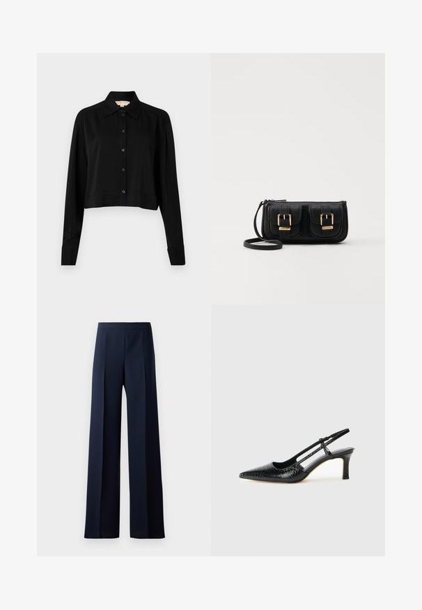 Schwarzes, kurzes Hemd mit langen Ärmeln, einem spitzen Kragen und Knopfverschluss. Hergestellt aus glattem Stoff mit lockerer Passform und geknöpften Ärmeln.; Weit geschnittene Hosen aus dunkelblauem Stoff mit einer glatten Textur, subtilen frontalen Falten und einem taillierten Bund für eine schlanke Silhouette.; Schwarze Lack-Slingback-Pumps mit spitzem Zehenbereich, versehen mit strukturiertem Schlangenprint, verstellbarem Riemen und einem kurzen, strukturierten Blockabsatz.; Schwarze Leder-Umhängetasche mit zwei vorderen Taschen, goldenen Schnallen, Reißverschluss und einem schmalen Tragegurt. Texturierte Oberfläche und kompakte rechteckige Form.