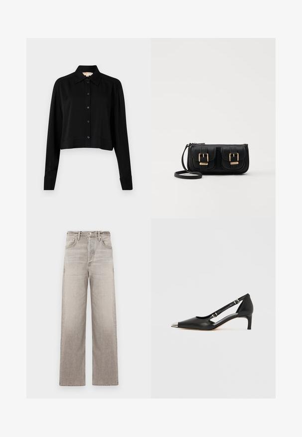 Must must shirt, mille pikkade varrukatega, terava kraega ja nööpidega esiosas. Valmistatud siledast kangast, millel on mugav lõige ja mansetiga varrukad.; Laiad joped heledast hallist denimist, millel on kulunud tekstuur, viis taskut, esine nupuga kinnitamine ja vöökohakumm.; Mustast nahast kassikontsaga king, millel on terava kujuga hõbedane nina ja topeltsõlmedega rihmad, valgel taustal.; Must küllastamata nahast õlakott, millel on kaks esist nähtavat taskut, kuldsed pandlad, tõmblukuga sulgemine ja peen rihm. Tekstuuriga pind ja kompaktne ristkülikukujuline kuju.