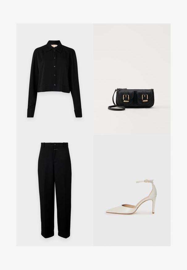 Chemise noire courte à manches longues, col pointu et fermeture par boutons. Fabriquée en tissu lisse avec une coupe décontractée et des manches à poignets.; Pantalon noir en tissu lisse, doté d'une fermeture à bouton, de passants de ceinture et d'une coupe droite.; Chaussure à talon haut en cuir blanc avec un bout pointu, une bride de cheville et un talon aiguille fin. Texture lisse avec une finition légèrement brillante.; Sac en cuir noir porté en travers avec deux poches avant, boucles dorées, fermeture zippée et une sangle fine. Surface texturée et forme rectangulaire compacte.