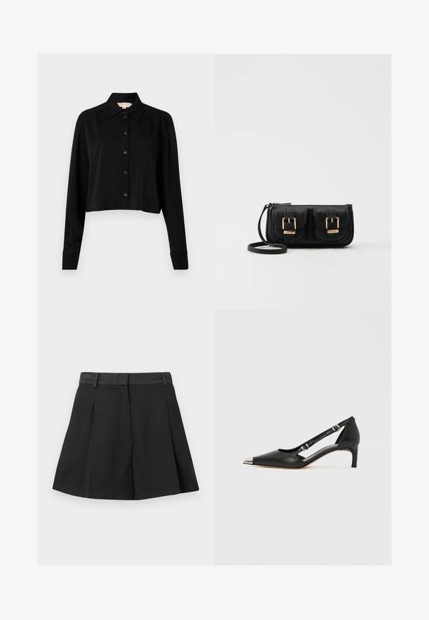 Svart forkortet skjorte med lange ermer, spiss krage og knappelukking foran. Laget av glatt stoff med en avslappet passform og oppbrettede ermer.; Svart plisserte miniskjørt med midjebånd og beltesløyfer, frontlukking skjult av en klaff, vist på en hvit bakgrunn.; Sort skinn kittenhel med spiss sølv tåhette og doble spenne-stropper på hvit bakgrunn.; Svart skinn crossbody veske med to frontlommer, gyldne spenner, glidelåslukking og en slank stropp. Teksturert overflate og kompakt rektangulær form.