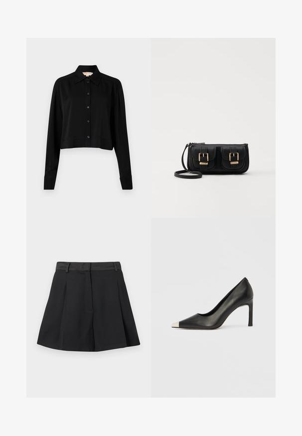 Fekete, rövid fazonú ing hosszú ujjakkal, hegyes gallérral és gombos elejével. Simító anyagból készült, laza szabású és megkötött ujjaival.; Fekete, rakott mini szoknya derékpánttal és övbújtatókkal, elől rejtett záródással, fehér háttér előtt bemutatva.; Fekete bőr magas sarkú cipő hegyes orral és fém ezüst orrtippel. Simább kivitelű, karcsú, 10 cm-es sarokkal.; Fekete bőr keresztbody táska két elülső zsebbel, arany csattokkal, cipzáras záródással és vékony pánttal. Textúrált felület és kompakt téglalap alak.