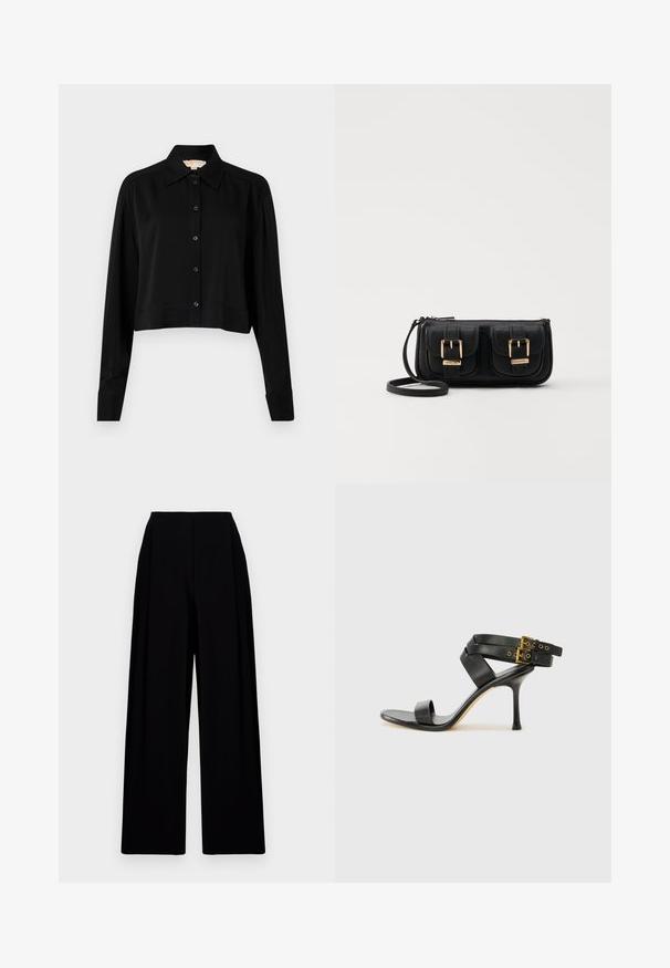 Svart forkortet skjorte med lange ermer, spiss krage og knappelukking foran. Laget av glatt stoff med en avslappet passform og oppbrettede ermer.; Vide benbukser i sort med høj talje, som har en glat overflade og rene linjer. Ingen synlige lukninger eller mønstre.; Svarte hælsandaler med kryssende stropper og justerbar spenne. Har en jevn tekstur og avsmalnende stilettoklakk.; Svart skinn crossbody veske med to frontlommer, gyldne spenner, glidelåslukking og en slank stropp. Teksturert overflate og kompakt rektangulær form.