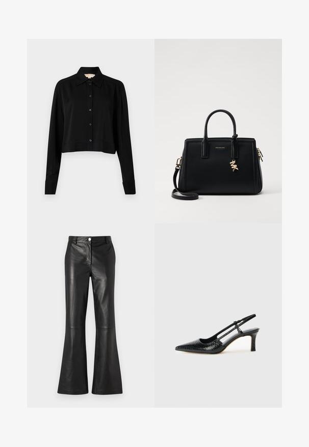 Črni kratki top z dolgimi rokavi, s končnim ovratnikom in gumbi spredaj. Narejen iz gladkega materiala z sproščenim krojem in manšeti na rokavih.; Črne usnjene zvonaste hlače z gladko teksturo, z sprednjim zadrgo in kovinskim gumbom za zapiranje. Čiste linije z minimalnimi detajli.; Črne lakaste slingback pete s koničastim nosom, ki imajo teksturiran vzorec kačje kože, nastavljiv trak in kratek teksturiran blok peto.; Črna usnjena torbica s strukturirano zasnovo, dvema zgornjima ročajema, odstranjevanim naramnim trakom, zlatim okovjem in dodatkom z logotipom.