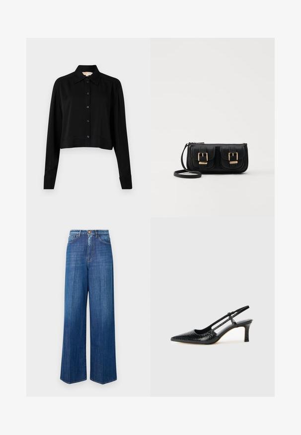 Black cropped shirt with long sleeves, a pointed collar, and button front. Made from smooth fabric with a relaxed fit and cuffed sleeves.; Wide-leg denim jeans in dark blue, featuring a high waist, button closure, and classic stitching. Smooth texture with a slight fade.; Black patent slingback heel with a pointed toe, featuring textured snake print, adjustable strap, and a short, textured block heel.; Black leather crossbody bag with two front pockets, gold buckles, zipper closure, and a slim strap. Textured surface and compact rectangular shape.